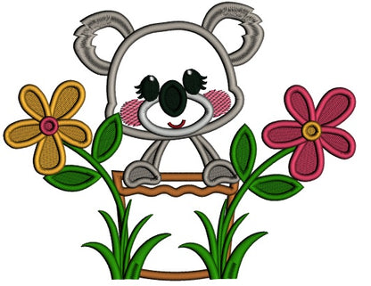 Cute Little Koala Sitting Inside a Flower Pot Applique Machine Embroidery Design Digitized Pattern