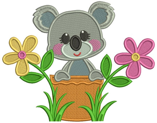 Cute Little Koala Sitting Inside a Flower Pot Filled Machine Embroidery Design Digitized Pattern