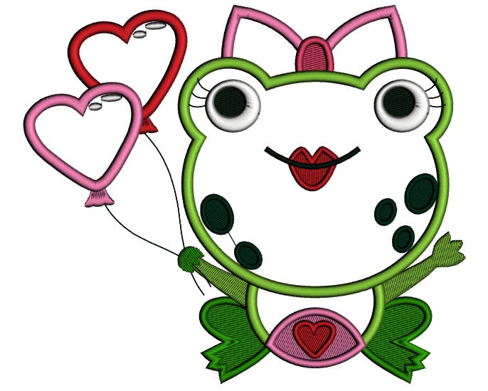 Cute Little Lady Frog With Heart Shaped Balloons Applique Machine Embroidery Digitized Design Pattern