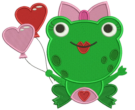 Cute Little Lady Frog With Heart Shaped Balloons Filled Machine Embroidery Digitized Design Pattern