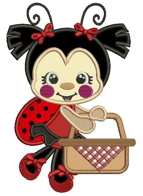 Cute Little Ladybug Holding a Basket Applique Machine Embroidery Design Digitized Pattern