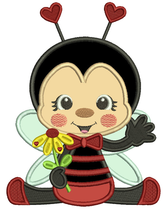 Cute Little Ladybug Holding a Flower Applique Machine Embroidery Design Digitized Pattern
