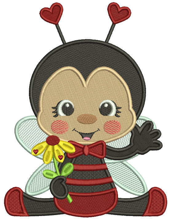 Cute Little Ladybug Holding a Flower Filled Machine Embroidery Design Digitized Pattern