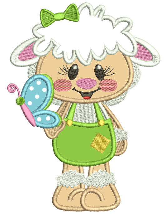 Cute Little Lamb Holding Butterfly Easter Applique Machine Embroidery Design Digitized Pattern