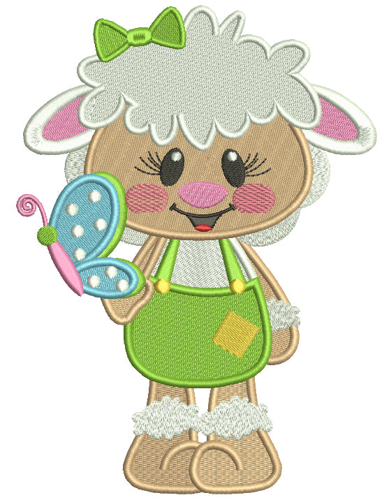 Cute Little Lamb Holding Butterfly Easter Filled Machine Embroidery Design Digitized Pattern