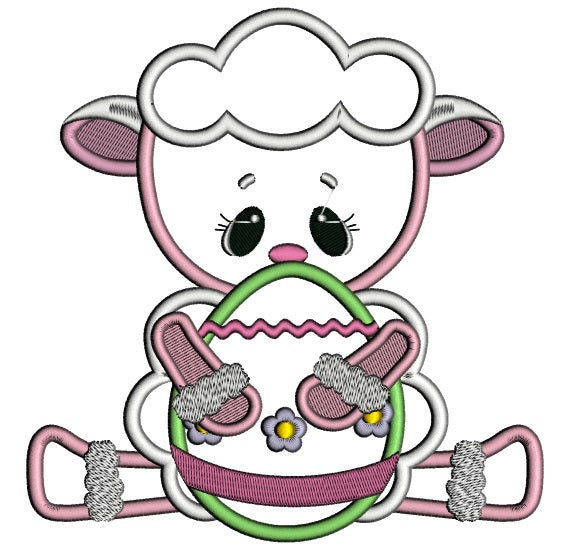 Cute Little Lamb Holding Easter Egg Applique Machine Embroidery Design Digitized