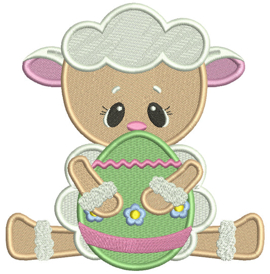 Cute Little Lamb Holding Easter Egg Filled Machine Embroidery Design Digitized