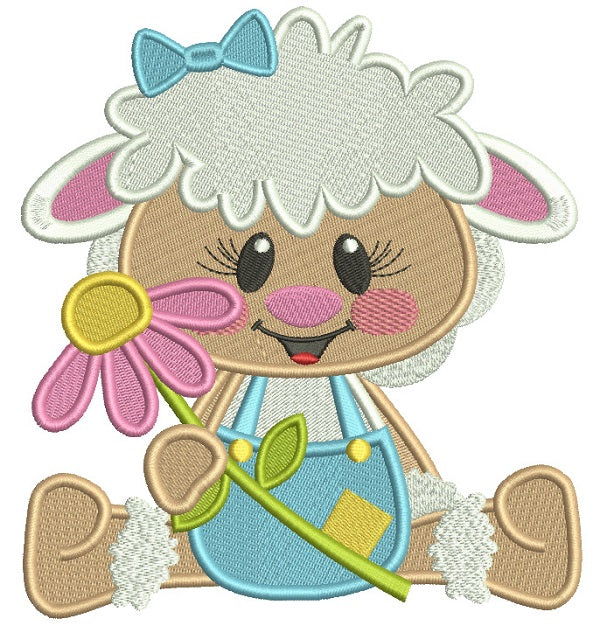 Cute Little Lamb Holding Flower Easter Filled Machine Embroidery Desig ...