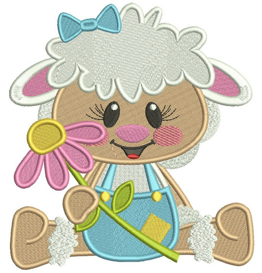 Cute Little Lamb Holding Flower Easter Filled Machine Embroidery Design Digitized Pattern