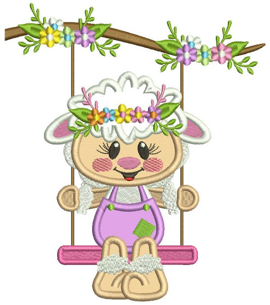Cute Little Lamb Sitting On A Swing With Flowers Applique Machine Embroidery Design Digitized Pattern