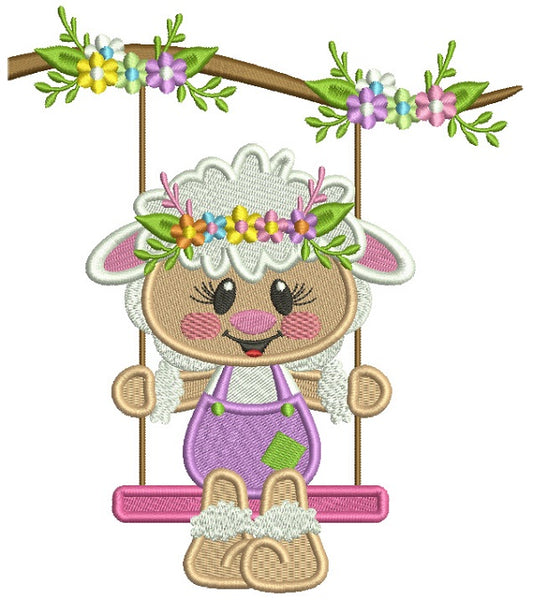 Cute Little Lamb Sitting On A Swing With Flowers Filled Machine Embroidery Design Digitized Pattern