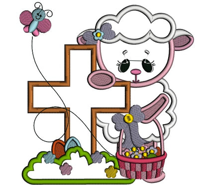 Cute Little Lamb Standing Next To Cross Easter Applique Machine Embroidery Design Digitized