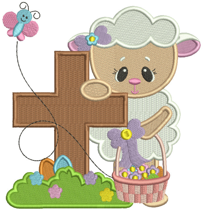Cute Little Lamb Standing Next To Cross Easter Filled Machine Embroidery Design Digitized