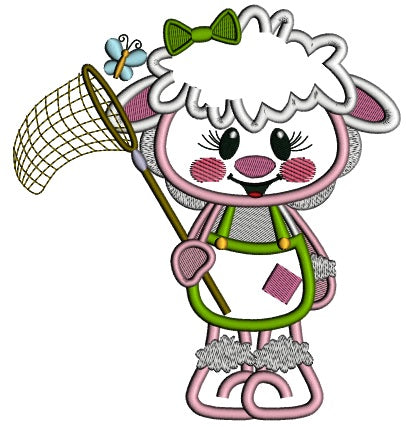 Cute Little Lamb Trying To Catch Butterfly Easter Applique Machine Embroidery Design Digitized Pattern