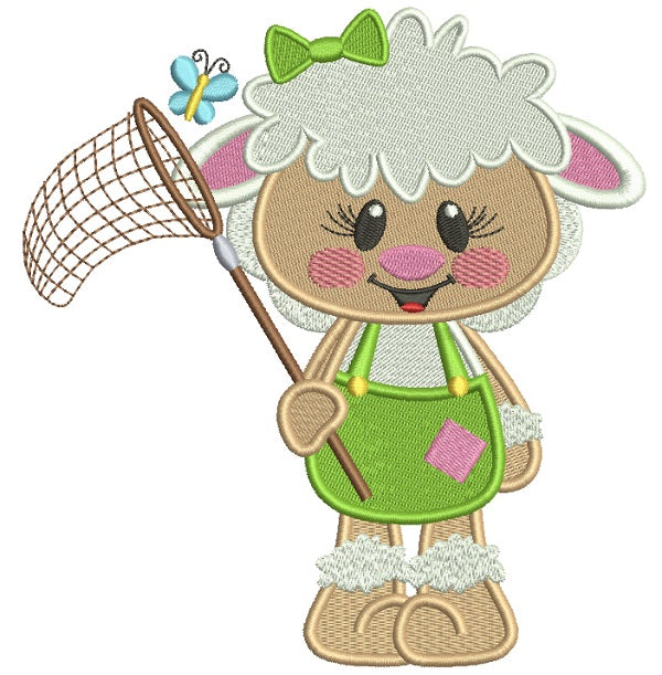 Cute Little Lamb Trying To Catch Butterfly Easter Filled Machine Embroidery Design Digitized Pattern