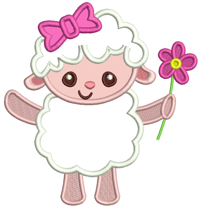 Cute Little Lamb With a Flower Easter Applique Machine Embroidery Design Digitized Pattern