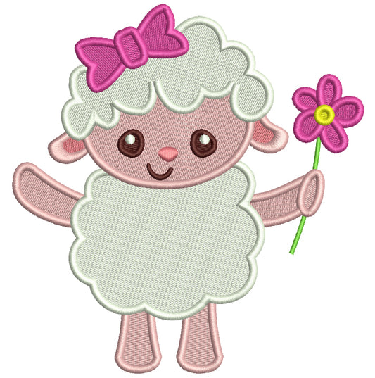Cute Little Lamb With a Flower Easter Filled Machine Embroidery Design Digitized Pattern