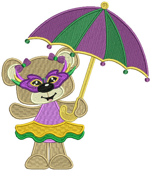 Cute Little Mardi Grass Girl Bear Holding Umbrella Filled Machine Embroidery Design Digitized Pattern