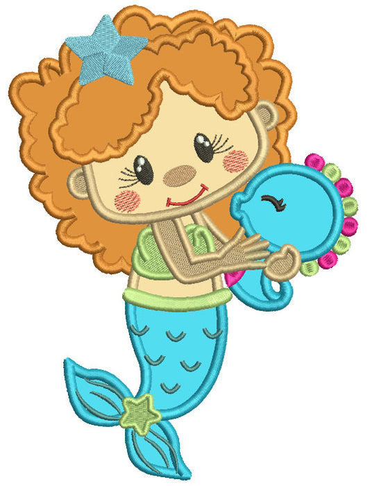 Cute Little Mermaid With a Star In Her Hair Applique Machine Embroidery Design Digitized Pattern