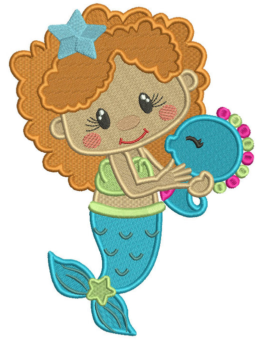 Cute Little Mermaid With a Star In Her Hair Filled Machine Embroidery Design Digitized Pattern