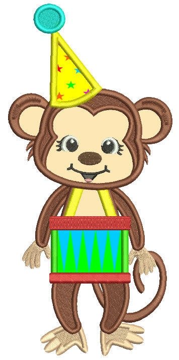 Cute Little Monkey Drummer Applique Birthday Machine Embroidery Design Digitized Pattern