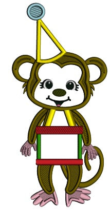 Cute Little Monkey Drummer Applique Birthday Machine Embroidery Design Digitized Pattern
