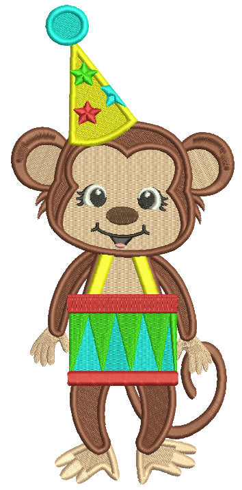 Cute Little Monkey Drummer Filled Birthday Machine Embroidery Design Digitized Pattern