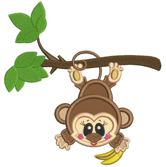 Cute Little Monkey Hanging From The Tree Branch Applique Machine Embroidery Design Digitized Pattern