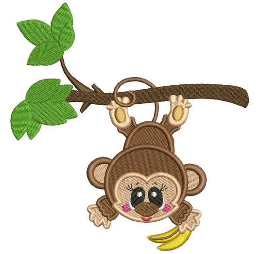 Cute Little Monkey Hanging From The Tree Branch Filled Machine Embroidery Design Digitized Pattern