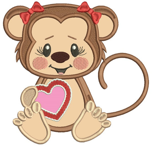 Cute Little Monkey With a Big Heart Applique Machine Embroidery Design Digitized Pattern
