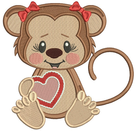 Cute Little Monkey With a Big Heart Filled Machine Embroidery Design Digitized Pattern