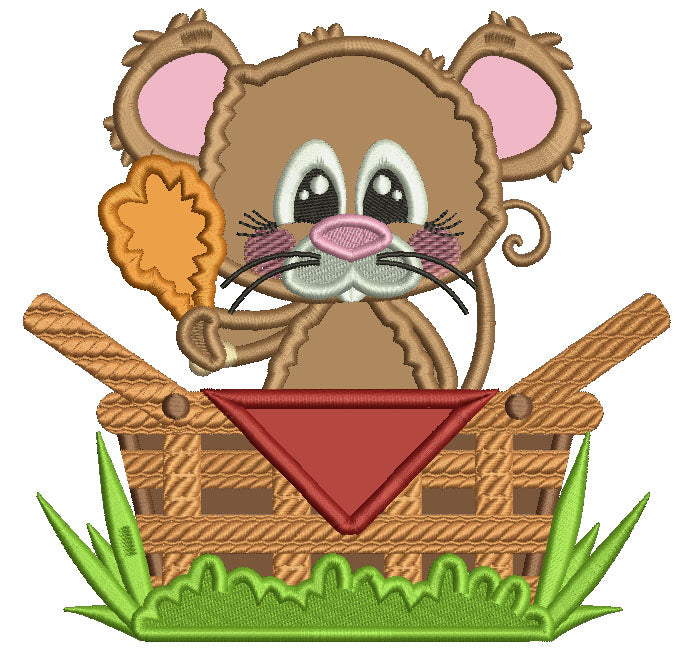 Cute Little Mouse Holding a Piece Of Chicken Applique Machine Embroidery Design Digitized Pattern