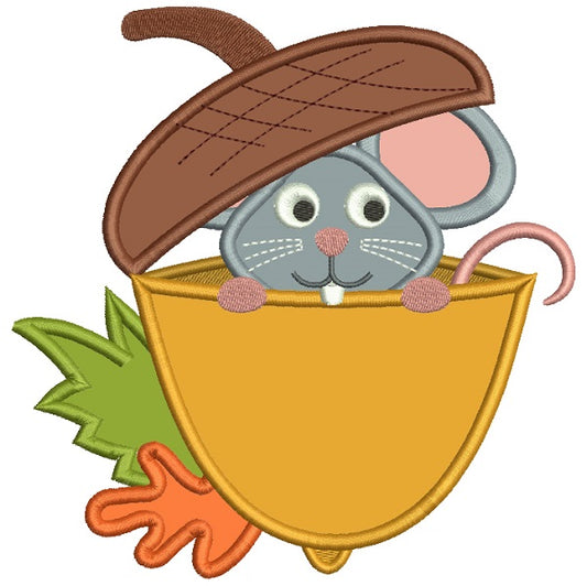 Cute Little Mouse Sitting Inside and Acorn Applique Machine Embroidery Design Digitized Pattern