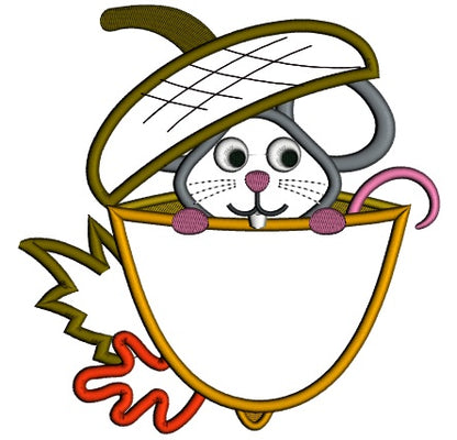 Cute Little Mouse Sitting Inside and Acorn Applique Machine Embroidery Design Digitized Pattern
