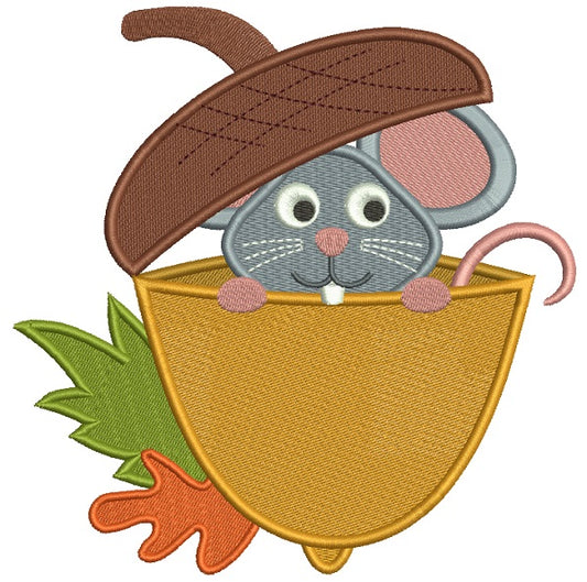 Cute Little Mouse Sitting Inside and Acorn Filled Machine Embroidery Design Digitized Pattern