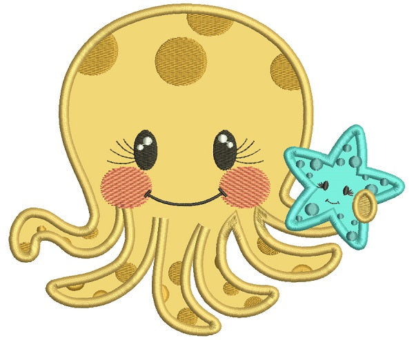 Cute Little Octopus Holding a Starfish Marine Applique Machine Embroidery Design Digitized Pattern