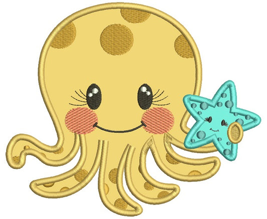Cute Little Octopus Holding a Starfish Marine Applique Machine Embroidery Design Digitized Pattern