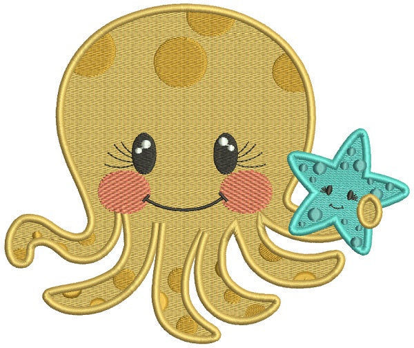 Cute Little Octopus Holding a Starfish Marine Filled Machine Embroidery Design Digitized Pattern