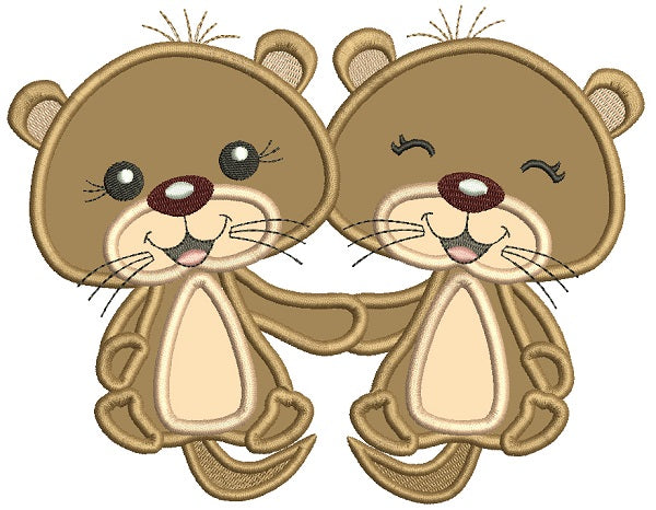 Cute Little Otters Holding Hands Applique Machine Embroidery Design Digitized Pattern