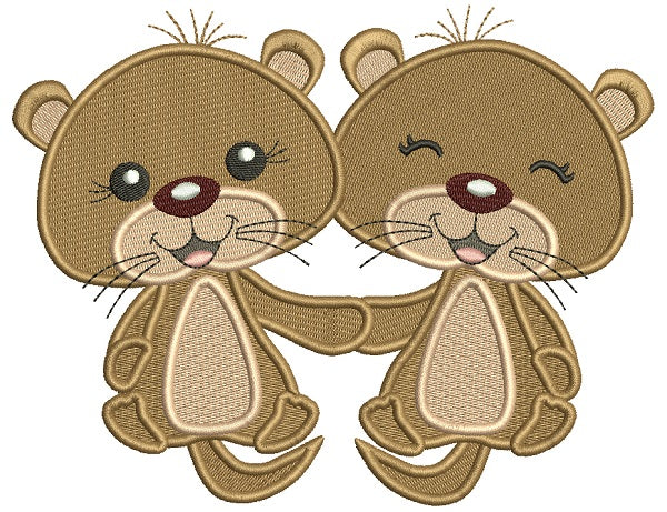 Cute Little Otters Holding Hands Filled Machine Embroidery Design Digitized Pattern