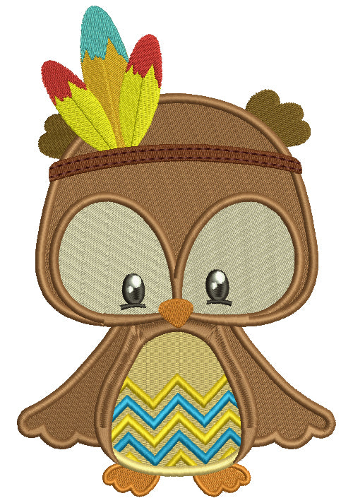 Cute Little Owl With Indian Feathers Thanksgiving Filled Machine Embroidery Digitized Design Pattern