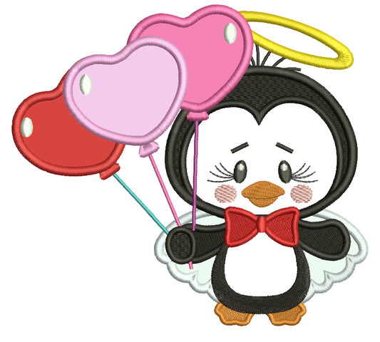 Cute Little Penguin Angel Holding Balloons Applique Machine Embroidery Design Digitized Pattern