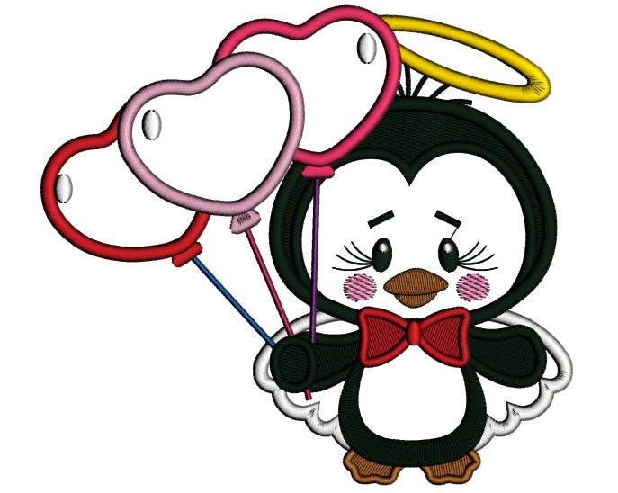Cute Little Penguin Angel Holding Balloons Applique Machine Embroidery Design Digitized Pattern