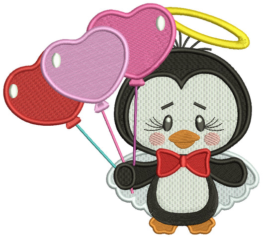 Cute Little Penguin Angel Holding Balloons Filled Machine Embroidery Design Digitized Pattern