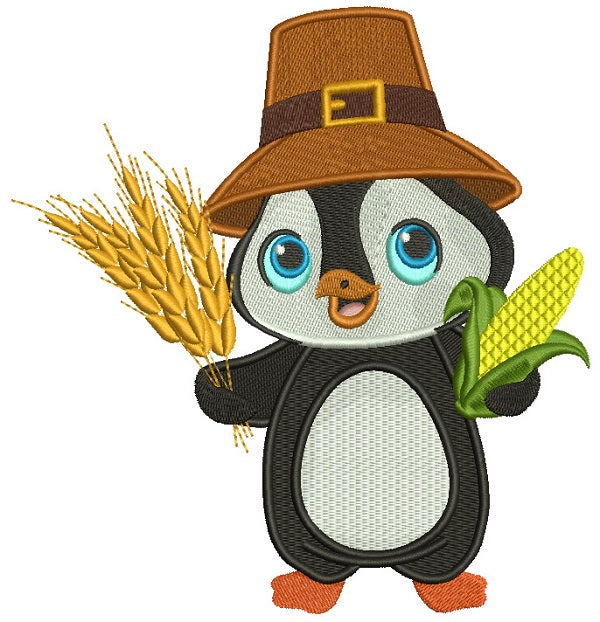 Cute Little Penguin Harvest Thanksgiving Filled Machine Embroidery Design Digitized Pattern