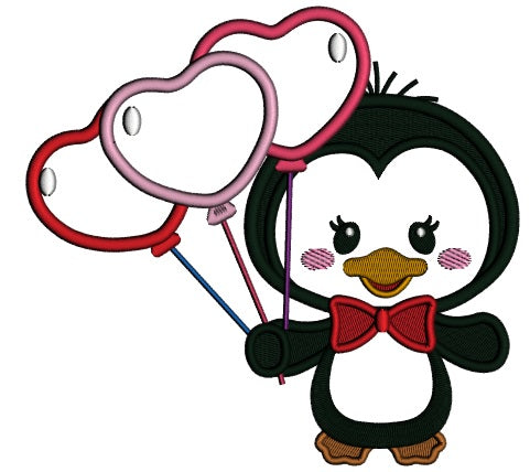 Cute Little Penguin Holding Balloons Applique Machine Embroidery Design Digitized Pattern