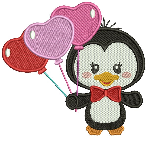 Cute Little Penguin Holding Balloons Filled Machine Embroidery Design Digitized Pattern