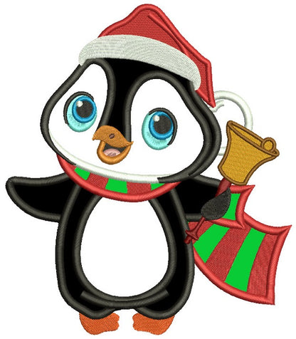 Cute Little Penguin Holding a Christmas Bell Applique Machine Embroidery Design Digitized Pattern