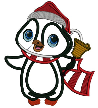 Cute Little Penguin Holding a Christmas Bell Applique Machine Embroidery Design Digitized Pattern