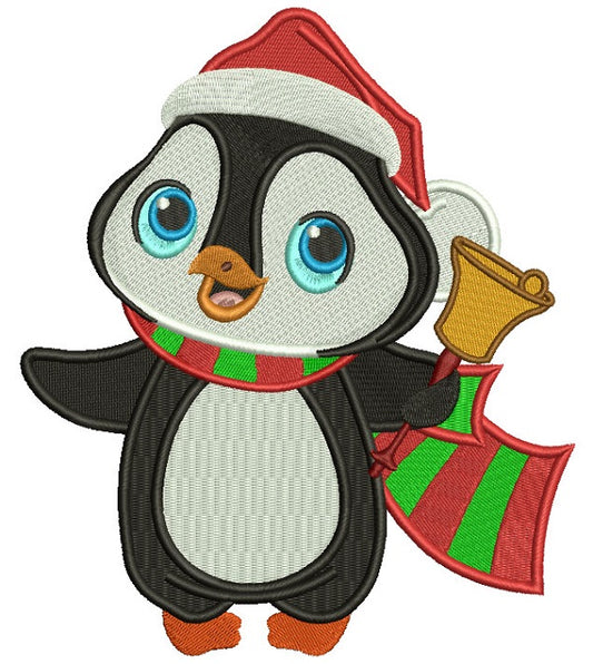 Cute Little Penguin Holding a Christmas Bell Filled Machine Embroidery Design Digitized Pattern